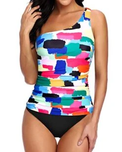 Flattering One Shoulder Tankini Top Bikini Bottoms For Young Mom-Aqua