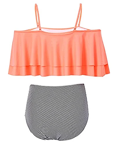 Elegant High Waisted Bikini Set Swimsuit Tummy Control-Coral Pink Stripe - Image 3