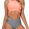Cute Cutout Bandage Two Piece Bathing Suits-Coral Pink Stripe