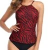 Flirty High Cut Leg 2 Piece Tankini Swimsuits For Women-Red Zebra Pattern