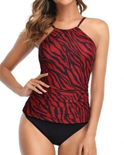 Flirty High Cut Leg 2 Piece Tankini Swimsuits For Women-Red Zebra Pattern