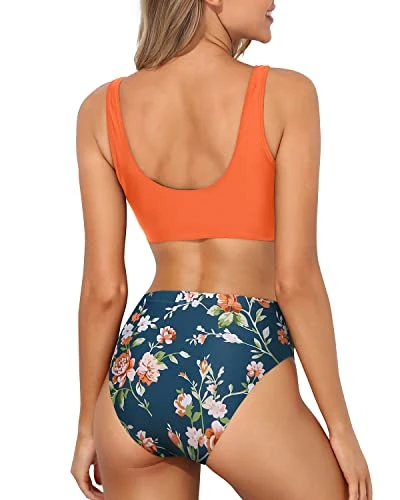 High Waisted Bikini Bottom For Long Torso Two Piece Scoop Neck Bikini-Orange Flowers - Image 2