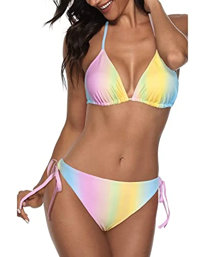 Two Piece Halter Padded Top Tie Side Bottom Bikini Bathing Suit 2 Piece Bikini Sets-Color Stripes - Image 4