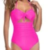 Removable Adjustable Halter Retro High Waist Swimsuits-Neon Pink