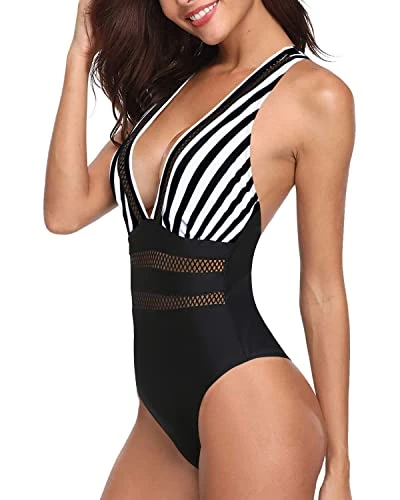Curve-Contouring Criss-Cross Back Bathing Suit Monokini Swimsuits-Black And White Stripe - Image 4