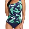 2 Piece Slimming Swimming Suit One Shoulder Tankini For Women-Blue Leaf