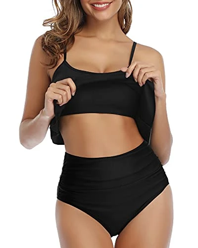 Adjustable Spaghetti Straps Bikini High Waisted Ruched Bottom-Black - Image 2