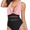 Stunning Hollow Out Deep V Neck One Piece Swimsuits-Pink And Black