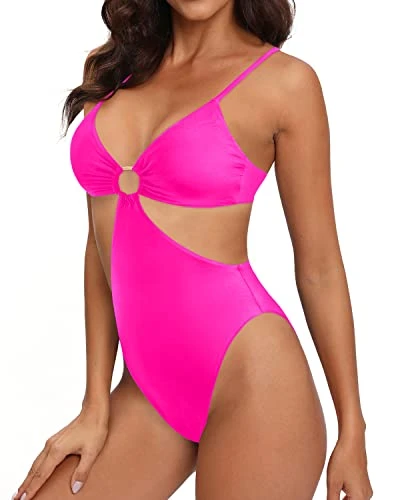 Women One Piece High Neck Halter Cutout Monokini Swimwear-Neon Pink - Image 3