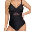 V Neck Cutout Push Up Tummy Control Women's One Piece Swimwear-Black