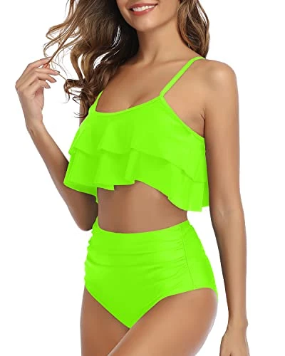 Two Piece Ruffle Bikini Removable Padded Cups-Neon Green - Image 3