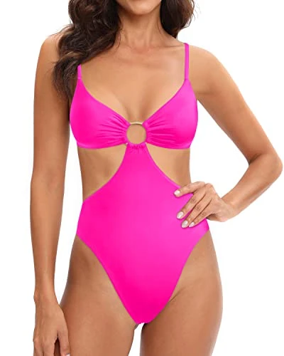 Women One Piece High Neck Halter Cutout Monokini Swimwear-Neon Pink - Image 4