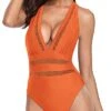 Criss-Cross Back Long Torso V Neck One Piece Swimsuits-Orange