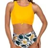 Modest High Neck Bikini Sporty Two Piece Swimsuits-Yellow Floral
