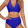 Women's Mesh V Neck High Waisted Bikini Sets Tummy Control-Royal Blue