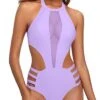 Cutout Halter High Neck Backless One Piece Swimsuit-Light Purple