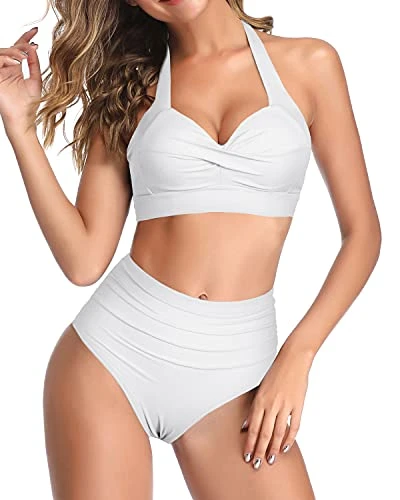 Two Piece Halter Ruched Highwaist Bikini Adjustable Straps Bathing Suit-White - Image 2
