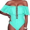 Gorgeous Lace-Up Flounce One Piece Swimsuit For Juniors-Aqua