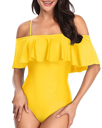 Vintage Off Shoulder Ruffled Bathing Suits Padded Bras-Neon Yellow - Image 2