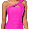 Elegant And Flattering Ruched Swim Top Tummy Control Tankini Top-Neon Pink
