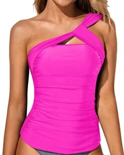 Elegant And Flattering Ruched Swim Top Tummy Control Tankini Top-Neon Pink