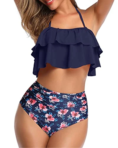 Modest Vintage Halter Two Piece Swimsuits Removable Padded Bra-Navy Blue Floral - Image 4