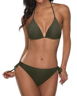 2 Piece Chic Lace-Up Cheeky Halter Triangle Bikini Set-Army Green