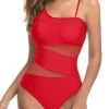 Tummy Control Mesh One Piece Swimsuit For Curvy Women-Red