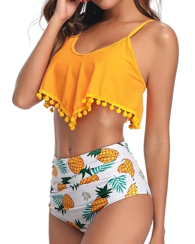 Women's Chic Flounce Scoop Neck Adjustable Spaghetti Straps Backless Removable Padded Cute Ruched Tummy Control Ruffled High Waisted Full Coverage Sexy Bikini-Yellow Pineapple1 - Image 3