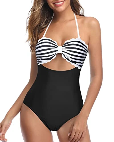 Women's High Waist Ruched Tummy Control Swim Bottoms-Black And White Stripe - Image 3