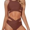 Stylish Padded Push-Up Bra Two Piece High Neck Bikini Set-Brown