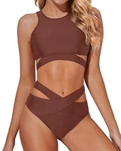 Stylish Padded Push-Up Bra Two Piece High Neck Bikini Set-Brown