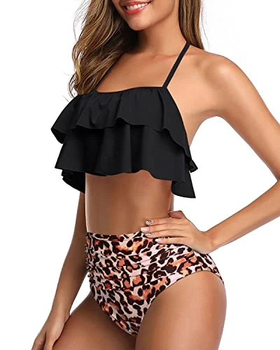Two Piece Adorable Tiered Ruffle High Waisted Bikini Set For Girls-Black And Leopard - Image 2