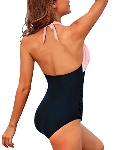 Halter Bathing Suits Tummy Control Backless Swimwear-Pink And Black - Image 4
