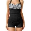 Boyleg Tummy Control Swimwear Retro One Piece Swimsuits-Black And White Stripe