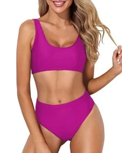 Fashionable Two Piece Bikini High Waisted Bathing Suit Bottoms-Hot Pink