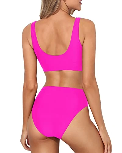 Cheeky High Waisted Bathing Suit Crop Top High Cut Swimsuit-Neon Pink - Image 2