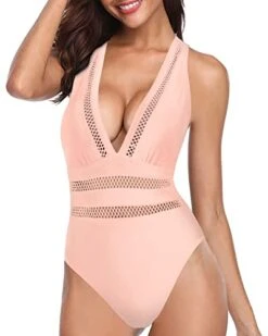 Push Up Plunge V Neck One Piece Swimsuits For Women-Light Pink