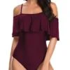 Women's One Piece Off Shoulder Ruffle Swimsuit-Maroon
