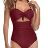Halter Front Tie Knot Bathing Suit Tummy Control One Piece Swimsuits-Maroon