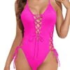 Criss Cross Strappy Sexy One Piece Swimsuit For Women-Neon Pink
