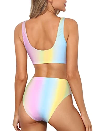 Women's Sexy High Waisted Bikini Crop Top High Cut Swimsuit-Color Stripes - Image 2