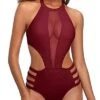 Removable Push Up Bra Mesh Cutout One Piece Monokini Swimwear-Maroon