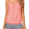 High Waisted Boyshort Tankini Bottoms Modest Swimsuits-Coral Pink Stripe