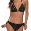 Two-Piece Halter Top Tie Side Bottom Thong Bikini Swimsuit For Women-Gold Stars