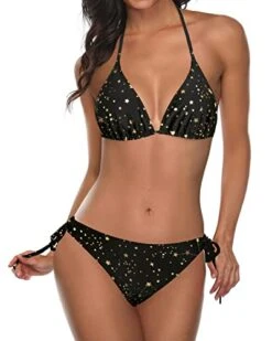 Two-Piece Halter Top Tie Side Bottom Thong Bikini Swimsuit For Women-Gold Stars