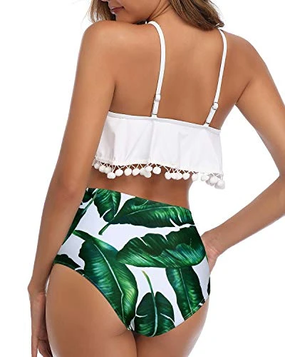 Pom Pom Trim Flounce Two Piece Bikini Ruffle Swimsuit For Women-White Leaf - Image 4