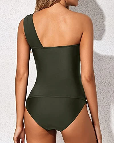 Women's 2 Piece Tankini Swimsuits One Shoulder Top & Shorts-Army Green - Image 3