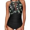 Flattering High Neck Mesh Women's Swimsuit-Black Palm Tree