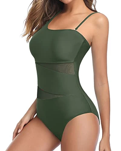 Sexy One Shoulder Cutout Mesh Tummy Control Swimsuits-Olive Green - Image 2